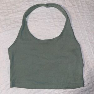 Green Ribbed Halter Crop Top
